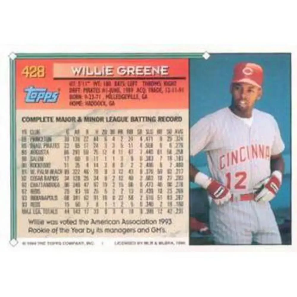 1994 Topps Willie Greene # 428 Cincinnati Reds